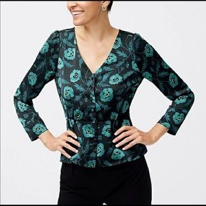 J. Crew Green Satin Poppy Print Button Front Blouse Size 4 AG672